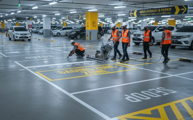 fungsi marka jalan adalah untuk menciptakan alur kerja yang rapi, mencegah kecelakaan kerja, dan memaksimalkan pemanfaatan ruang. Baik itu di area logistik maupun lahan parkir komersial, garis yang jelas adalah kunci keamanan.