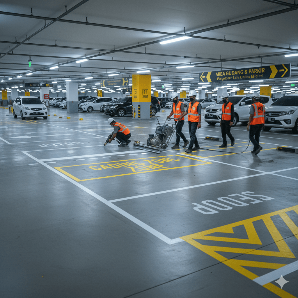 fungsi marka jalan adalah untuk menciptakan alur kerja yang rapi, mencegah kecelakaan kerja, dan memaksimalkan pemanfaatan ruang. Baik itu di area logistik maupun lahan parkir komersial, garis yang jelas adalah kunci keamanan.