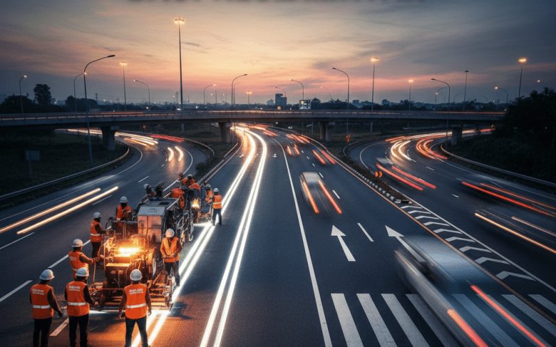 Proses pengerjaan marka jalan profesional oleh Marka Jalan Indonesia